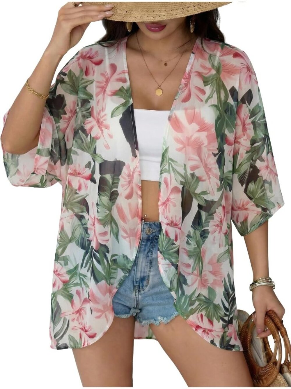 Women's Floral Chiffon Kimono Cardigan Open Front Blouse Swimwear Cover Up